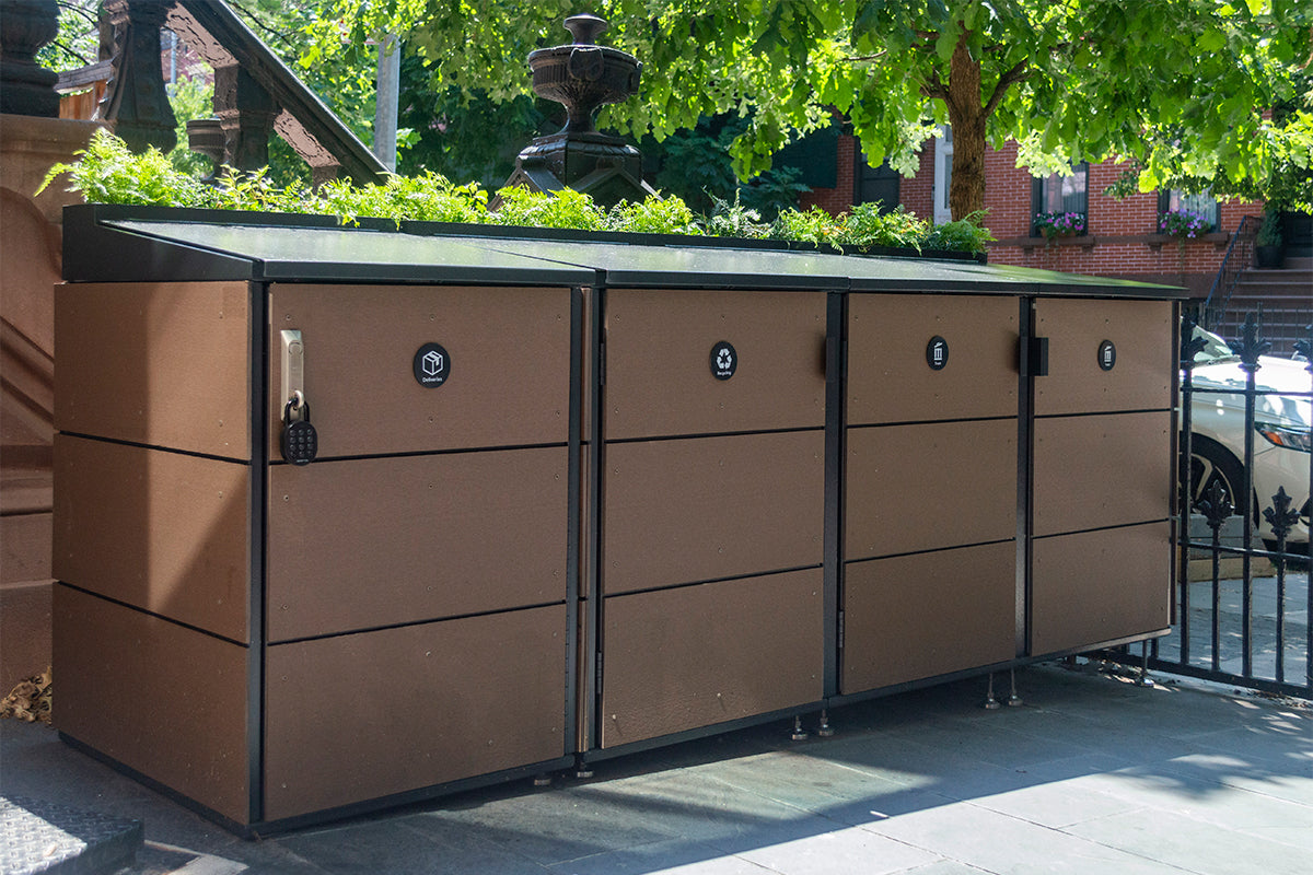 Standard Trash & Recycle 3-Module with planter top, and 1 ParcelBin