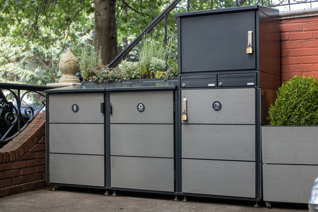 Trash enclosure plus package locker