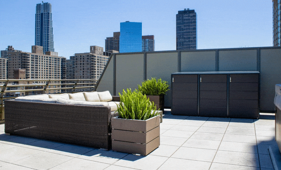 CitiShed 3-Module in Charcoal with Cube Custom Planters in Coffee